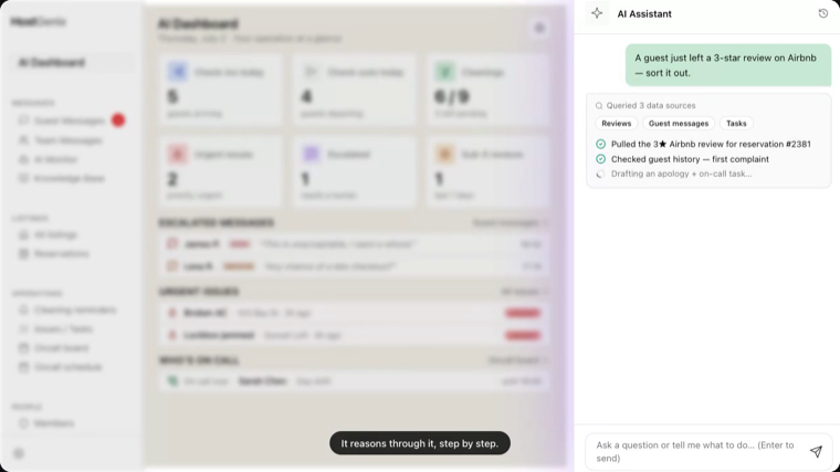 The HostGenix AI assistant reasoning step by step: it queried Reviews, Guest messages and Tasks, pulled a 3-star review, checked guest history, and started drafting follow-up actions