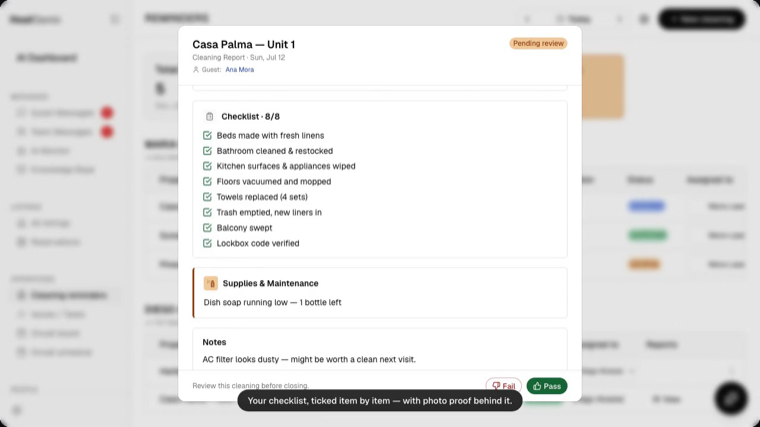 A HostGenix cleaning report card marked Pending review, showing an 8-of-8 checklist, a low-supplies flag, and Pass or Fail buttons for remote quality control