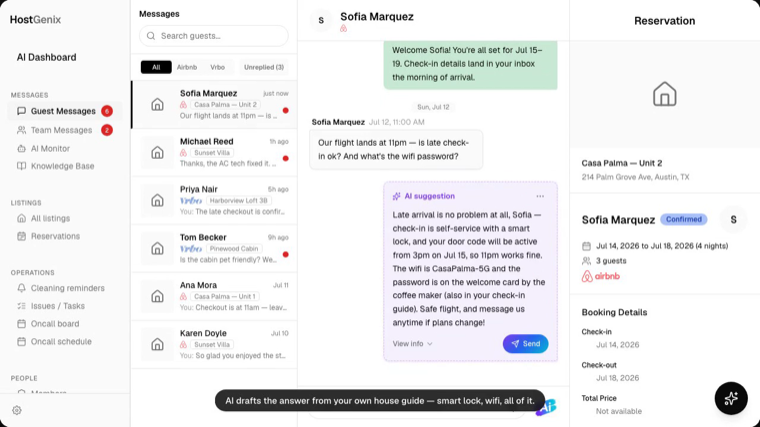 AI suggested reply card inside the guest thread, its draft covering the door code and wifi details, with View info and Send buttons below
