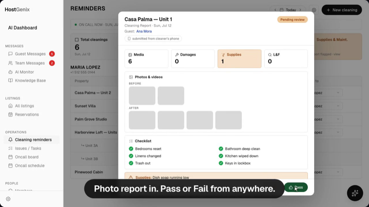 A cleaning report reviewed remotely: photo checklist, damage and supplies flag cards, and a Pass button