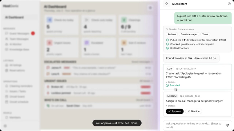 The HostGenix operations agent proposing two actions with approve and decline buttons, one already executed