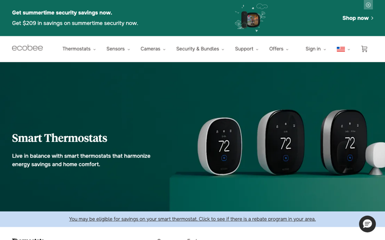 Ecobee smart thermostats product page promising energy savings with home comfort