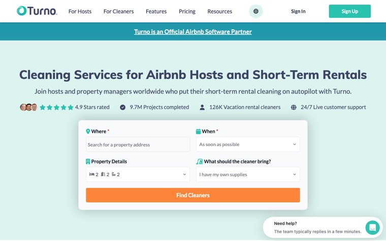 Turno's homepage offering vacation rental cleaning on autopilot with a cleaner marketplace