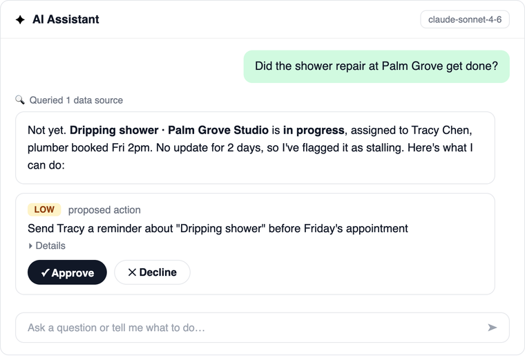 Asking the HostGenix assistant whether the shower ticket got done: it reports the status, flags the stall, and offers a one tap nudge or reassign