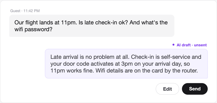 An unsent AI drafted reply to a late check-in question, waiting for the host to edit or send