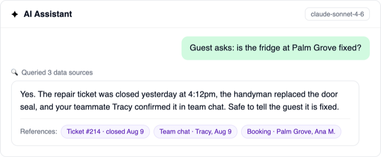Asking the HostGenix assistant whether a fridge repair is done: it queried three data sources and cites the closed ticket, the team chat confirmation, and the booking in its references