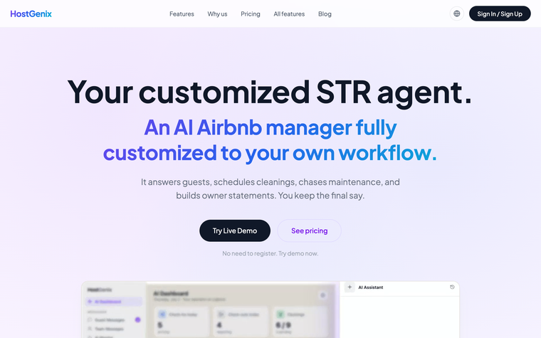HostGenix homepage: an AI Airbnb manager that schedules cleanings and chases maintenance