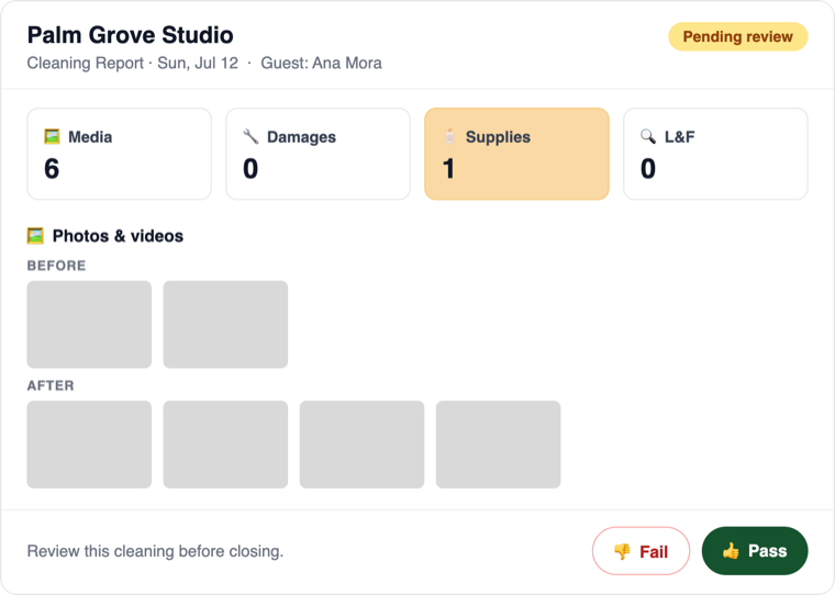 The cleaning report a host reviews from anywhere: media counts, before and after photos, and one tap Pass or Fail