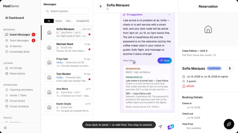 View info panel under an AI draft listing the reservation and knowledge base entries the reply was grounded on
