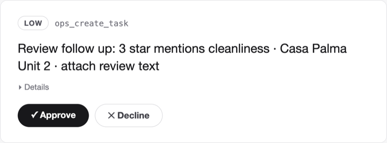 A proposed follow-up task for a three star review mentioning cleanliness, waiting for Approve or Decline