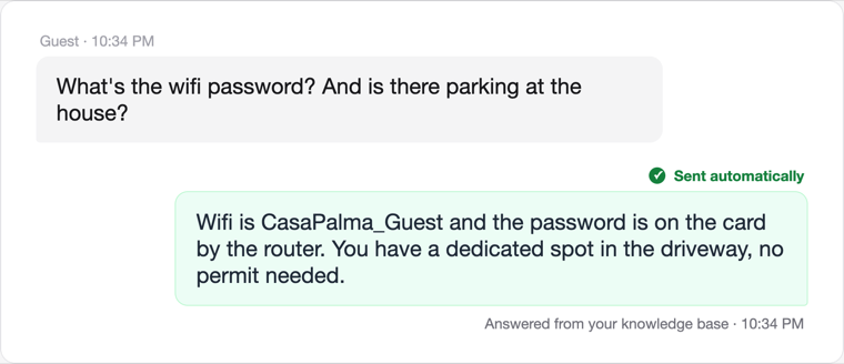 An automatically sent reply answering a wifi and parking question from the knowledge base